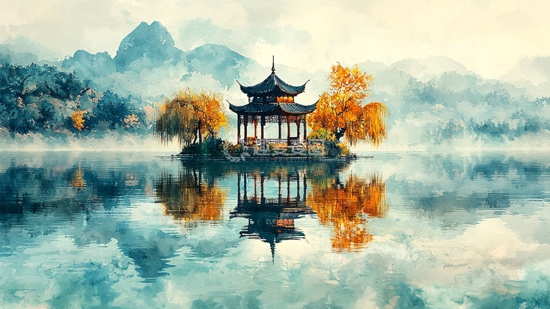 高清大图下载【趣麦麦图】湖中亭台