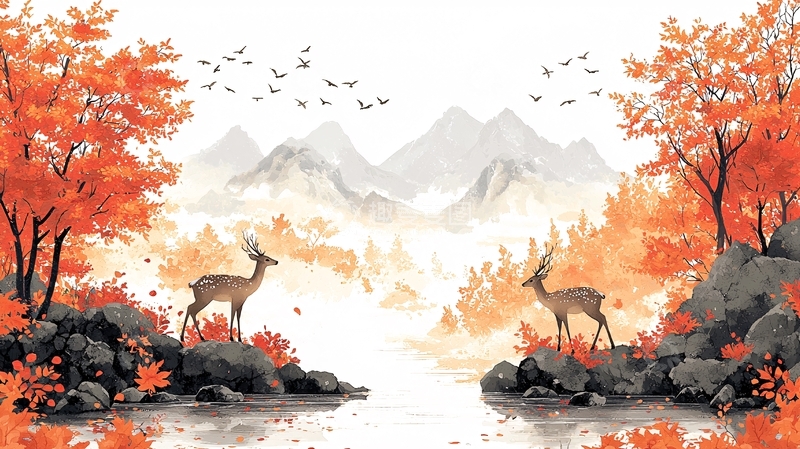 高清大图下载【趣麦麦图】秋季山水鹿群风景画