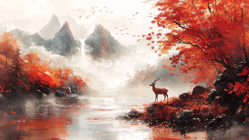 高清大图下载【趣麦麦图】秋季红叶山水鹿