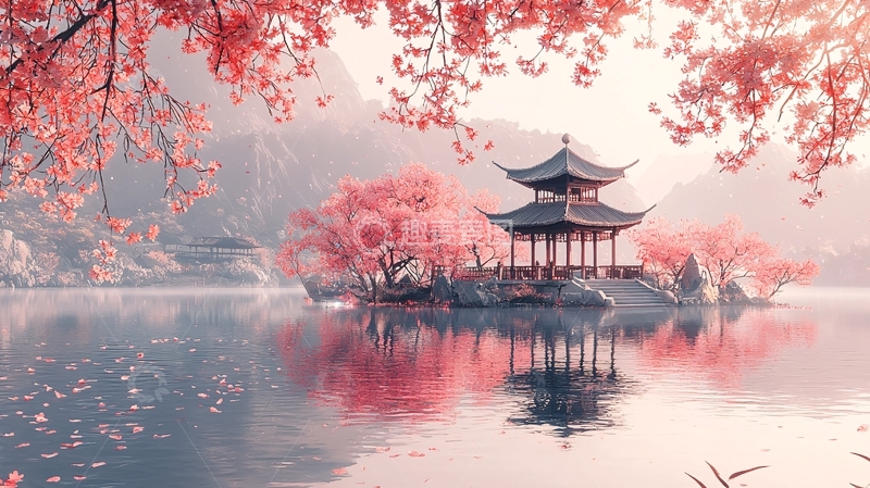 高清大图下载【趣麦麦图】湖边樱花盛开的古建筑