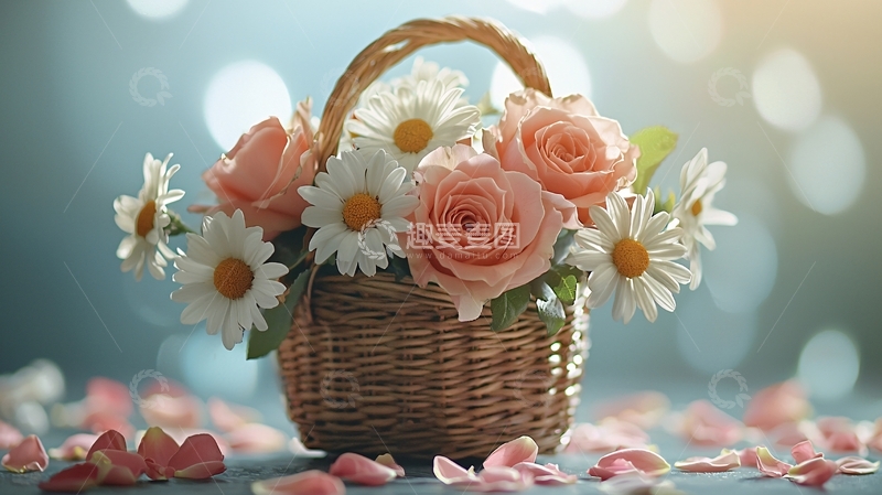 高清大图下载【趣麦麦图】花篮里的玫瑰和雏菊