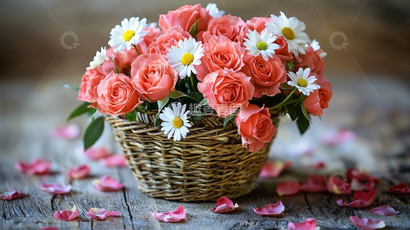 高清大图下载【趣麦麦图】一篮子的粉色玫瑰和雏菊