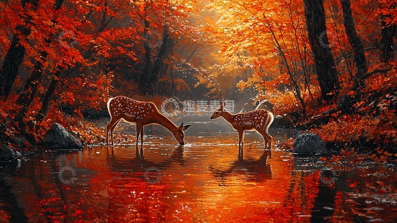 高清大图下载【趣麦麦图】秋日森林里两头小鹿饮水