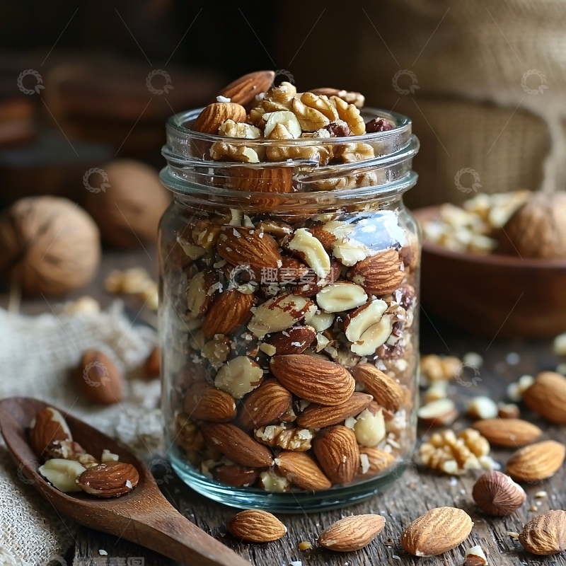 高清大图下载【趣麦麦图】坚果混合在玻璃罐中