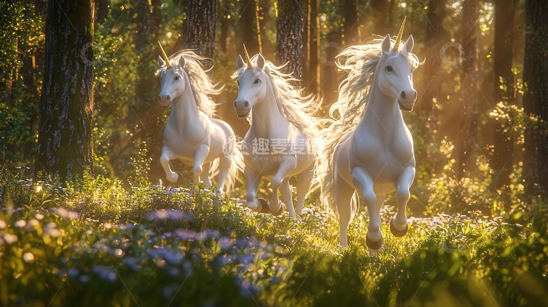 高清大图下载【趣麦麦图】森林中奔跑的三匹独角兽