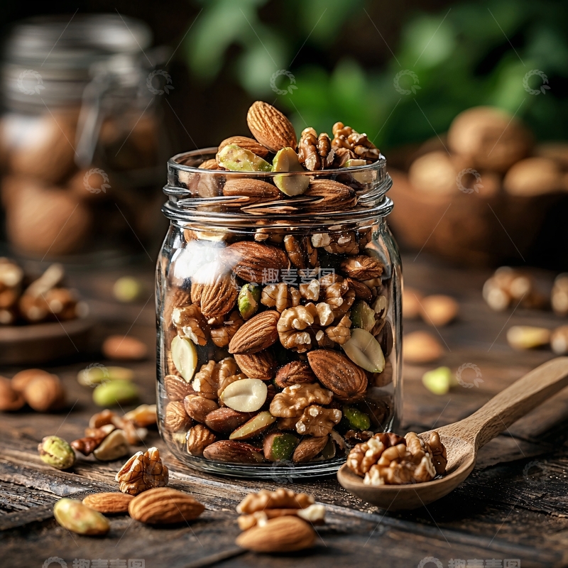 高清大图下载【趣麦麦图】玻璃罐里的混合坚果