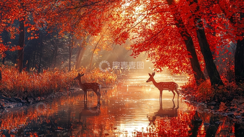 高清大图下载【趣麦麦图】红枫叶下的两只小鹿