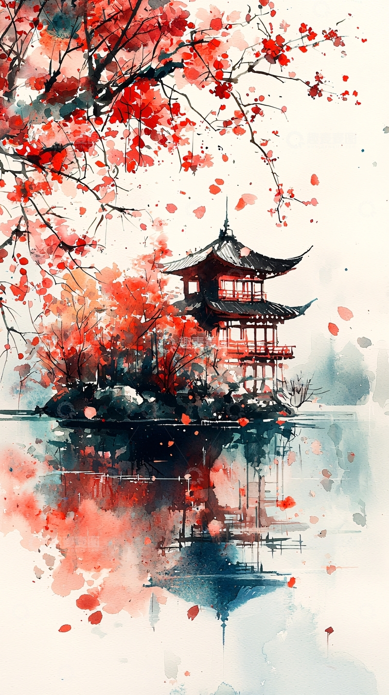 高清大图下载【趣麦麦图】水彩风格的红色古塔
