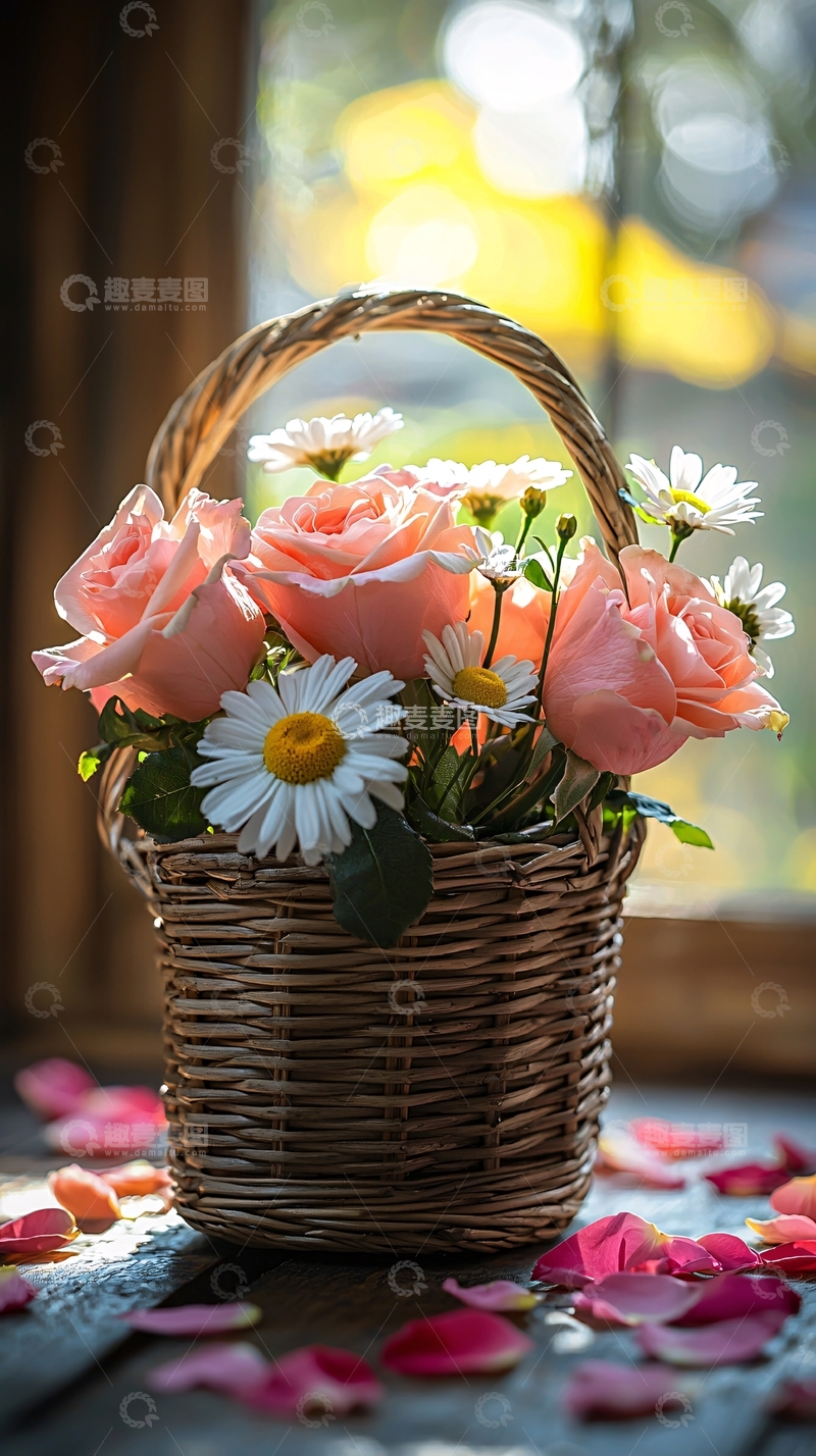 高清大图下载【趣麦麦图】花篮里的粉色玫瑰和雏菊