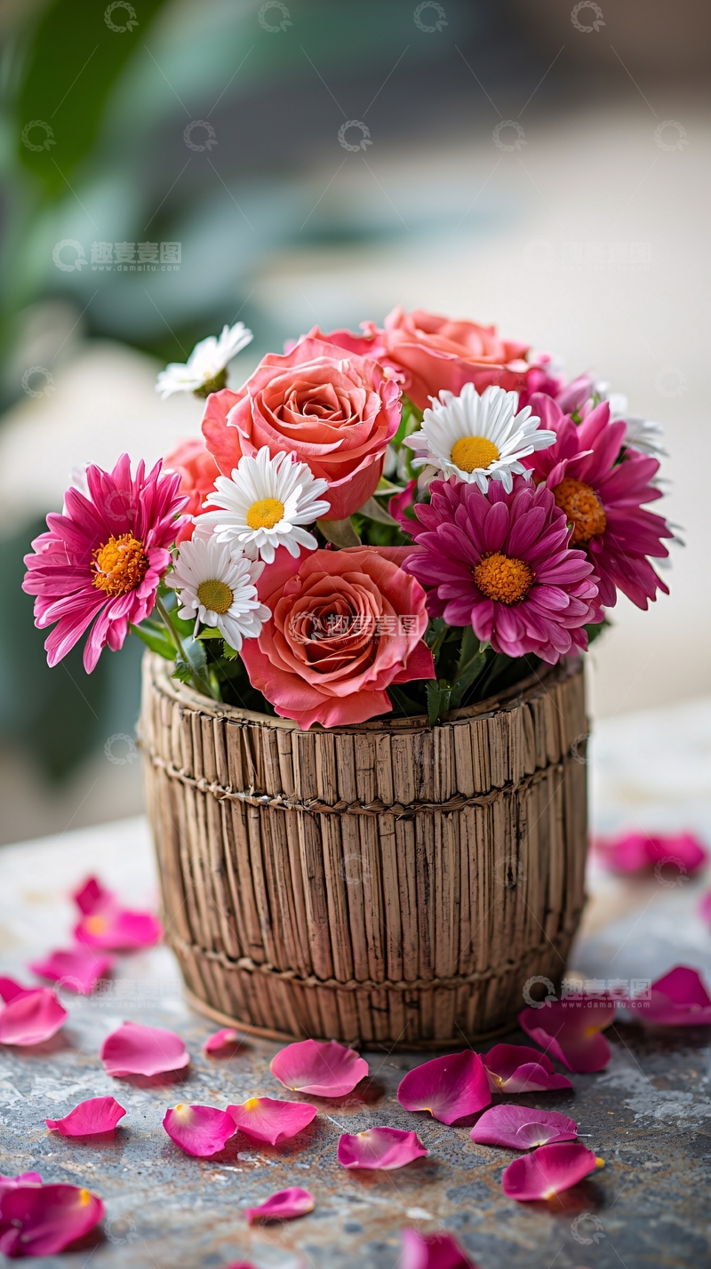 高清大图下载【趣麦麦图】鲜花花束在竹篮里