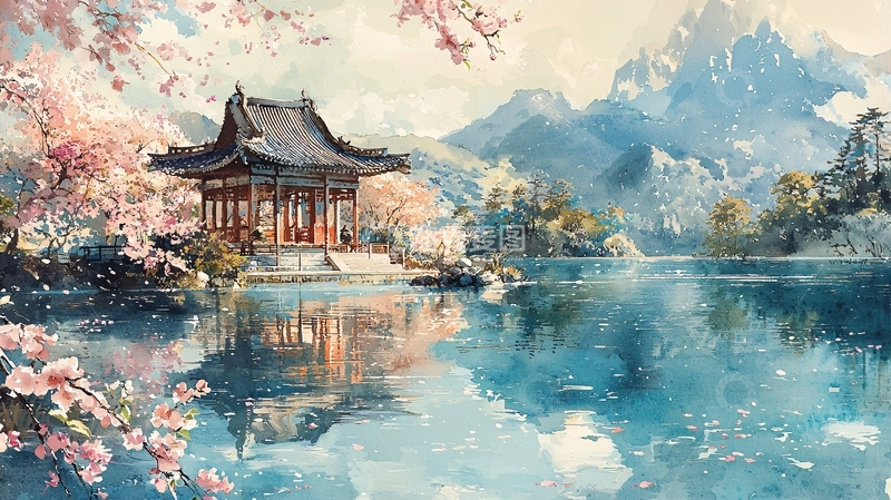 高清大图下载【趣麦麦图】水墨风亭台楼阁山水画