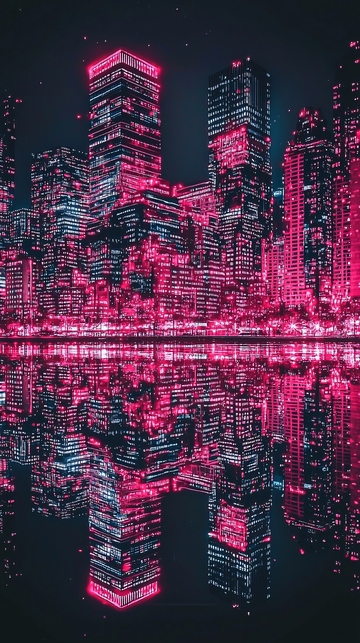 粉色霓虹灯下的城市夜景