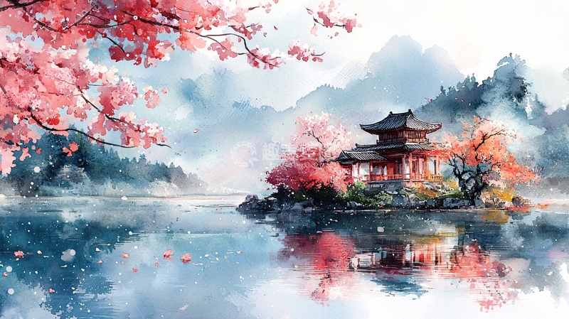 高清大图下载【趣麦麦图】中国风唯美建筑樱花