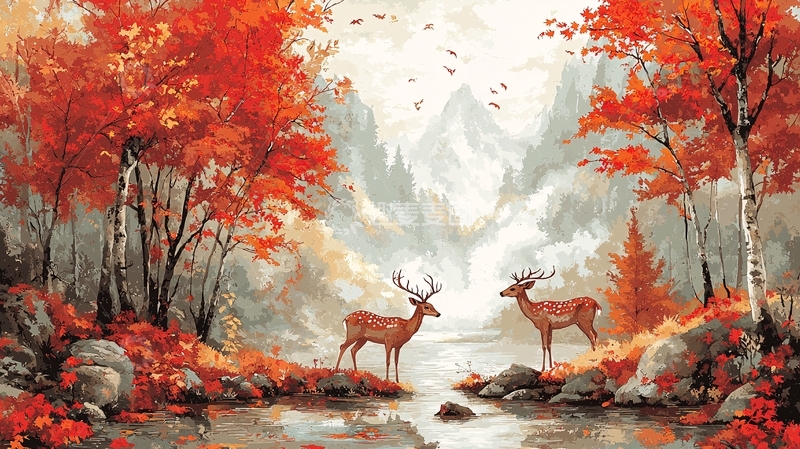高清大图下载【趣麦麦图】秋日红叶鹿群山景