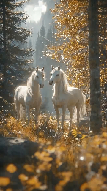 森林中两匹白色骏马