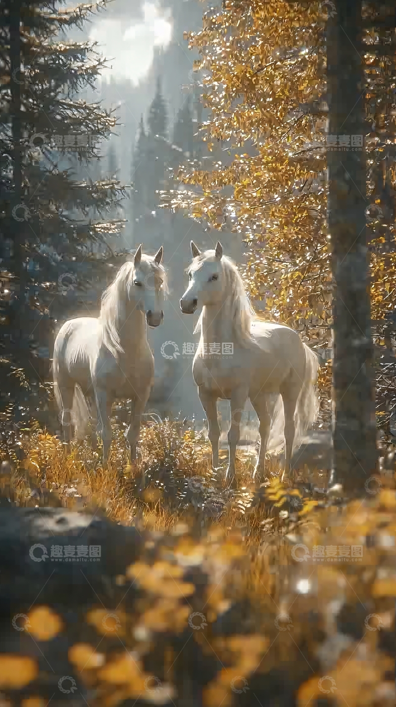 高清大图下载【趣麦麦图】森林中两匹白色骏马