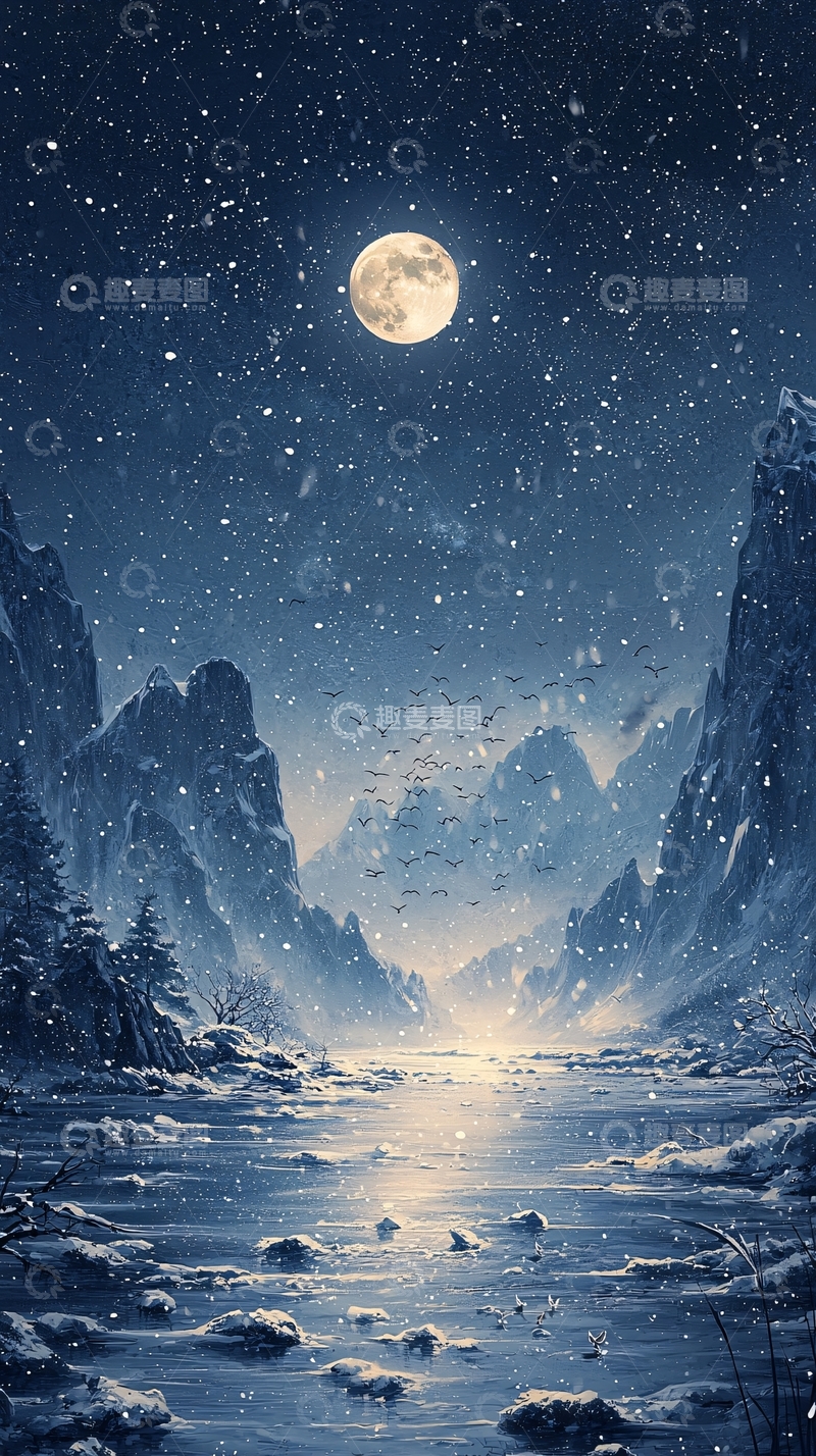 高清大图下载【趣麦麦图】雪夜山间明月高悬