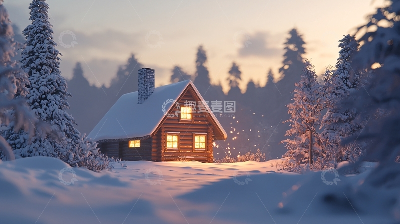 高清大图下载【趣麦麦图】雪夜森林小屋