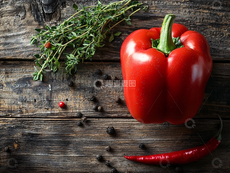 高清大图下载【趣麦麦图】红甜椒与香草木桌背景