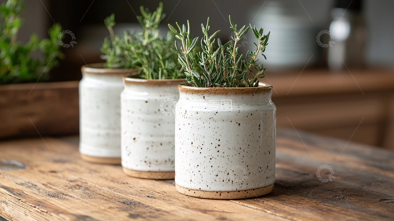 高清大图下载【趣麦麦图】陶瓷盆栽与木质桌面