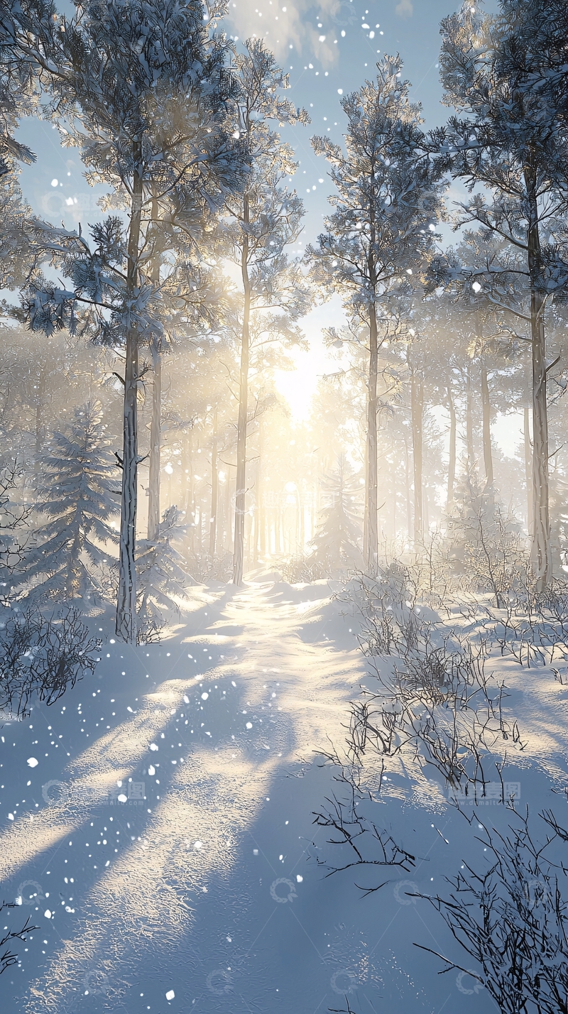 高清大图下载【趣麦麦图】阳光穿过雪林的冬日