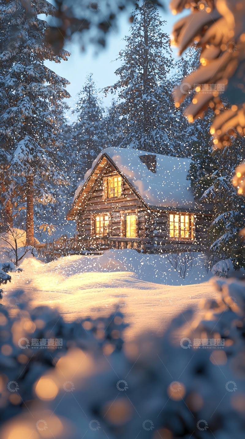 高清大图下载【趣麦麦图】雪夜森林小屋