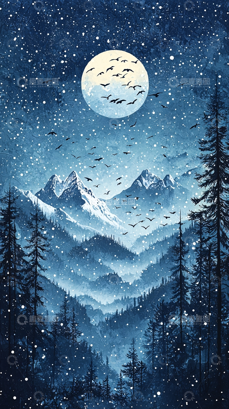 高清大图下载【趣麦麦图】星空下的山水风景水彩画