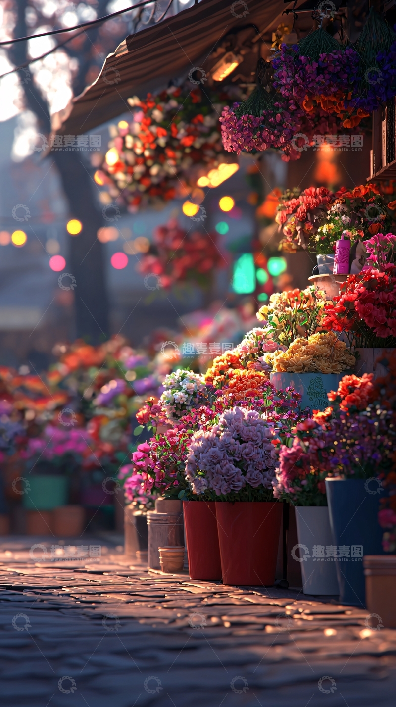高清大图下载【趣麦麦图】落日余晖下的花店街景