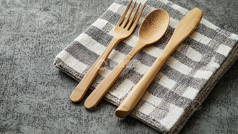 高清大图下载【趣麦麦图】木制餐具与格子布