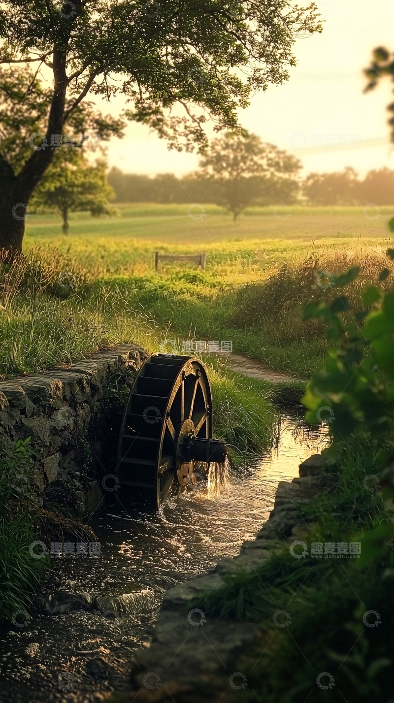 高清大图下载【趣麦麦图】夕阳下的乡村水车风景