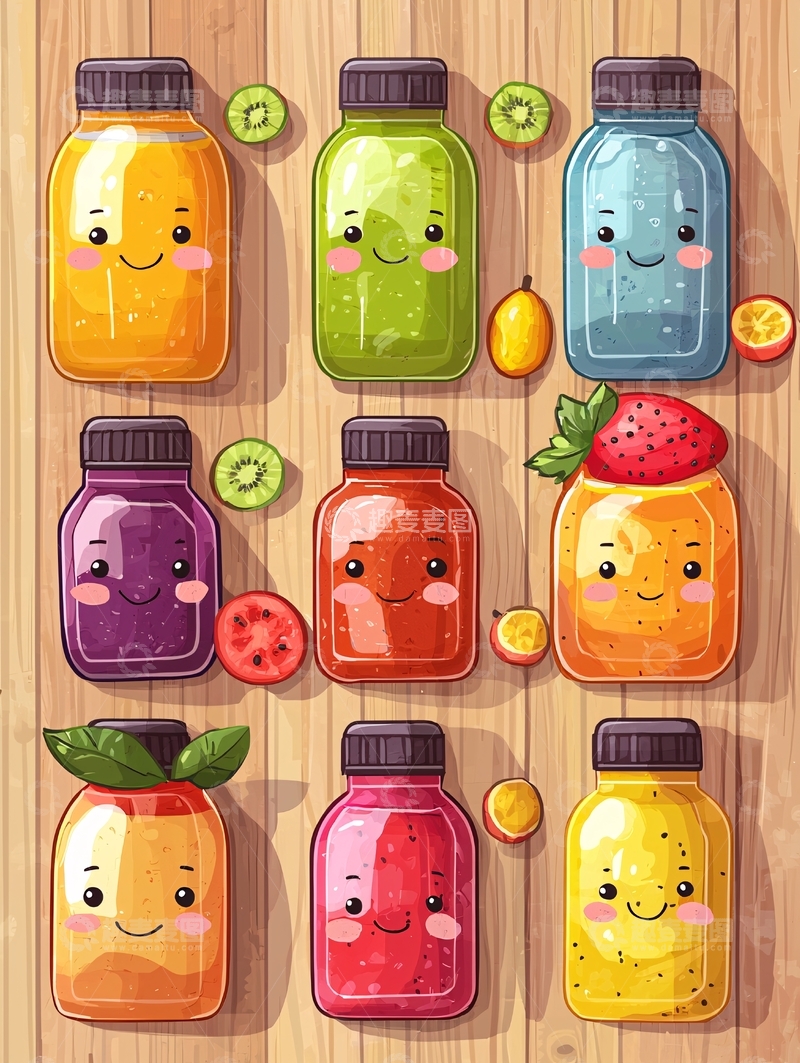 高清大图下载【趣麦麦图】卡通果汁瓶在木桌上