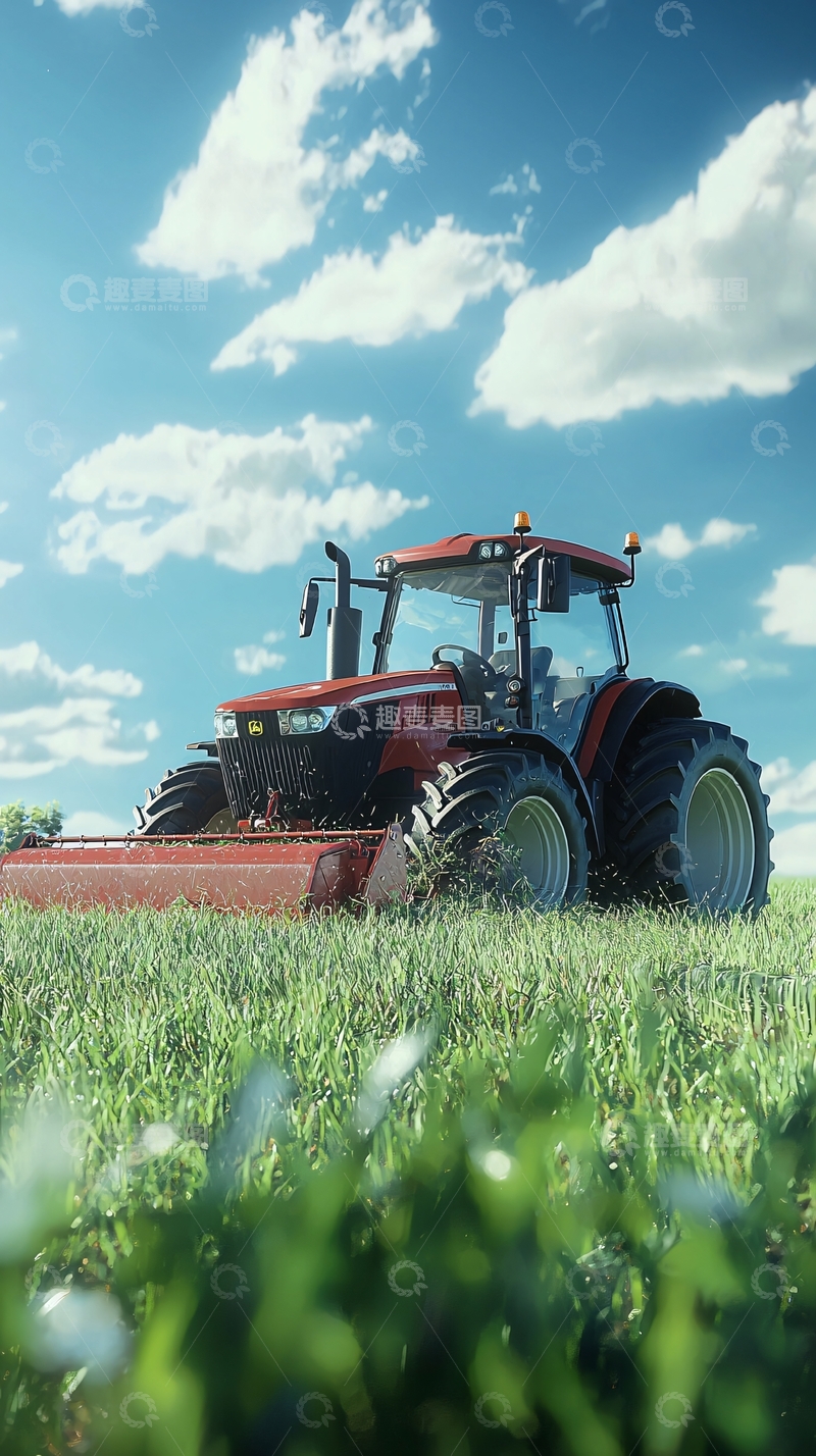 高清大图下载【趣麦麦图】红色拖拉机田间作业
