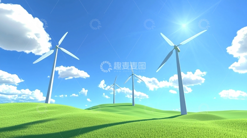 高清大图下载【趣麦麦图】绿色田野上的风力发电机