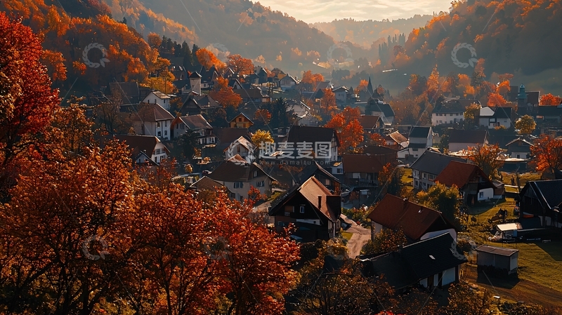 高清大图下载【趣麦麦图】秋日山谷小镇全景图