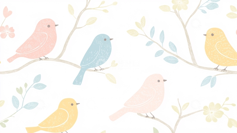 高清大图下载【趣麦麦图】小鸟树枝花朵图案