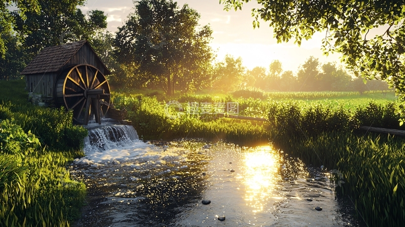 高清大图下载【趣麦麦图】清晨阳光下的古老水车