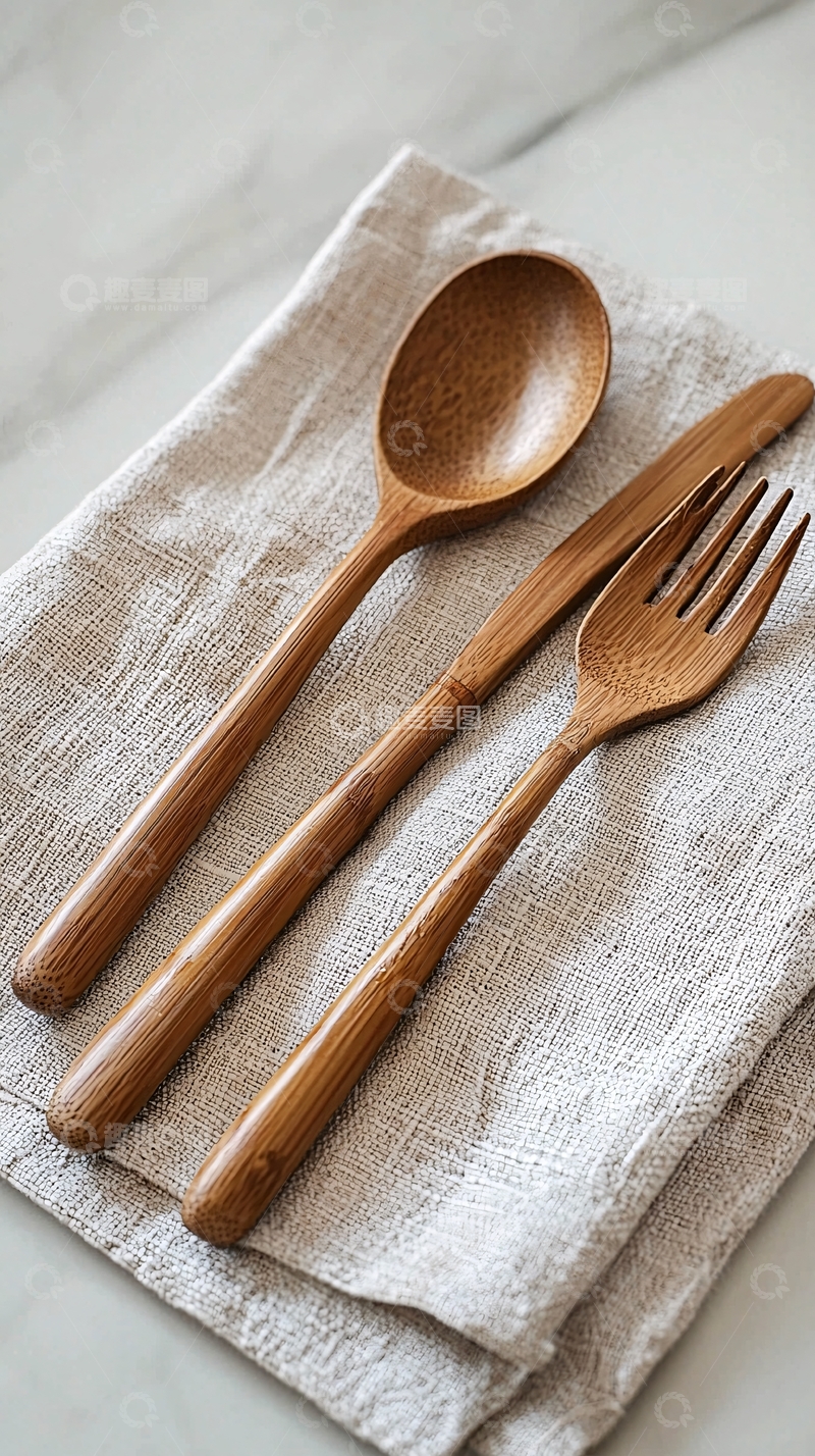 高清大图下载【趣麦麦图】木制餐具在亚麻布上