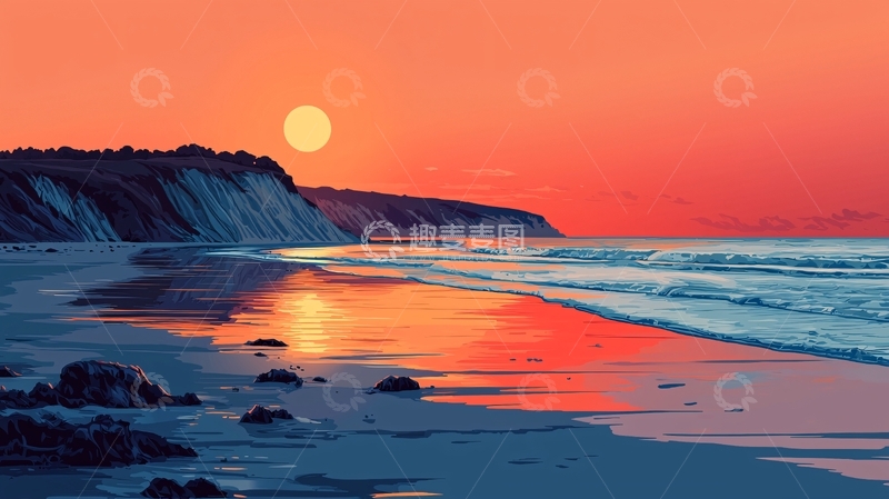 高清大图下载【趣麦麦图】海边日落橙色天空