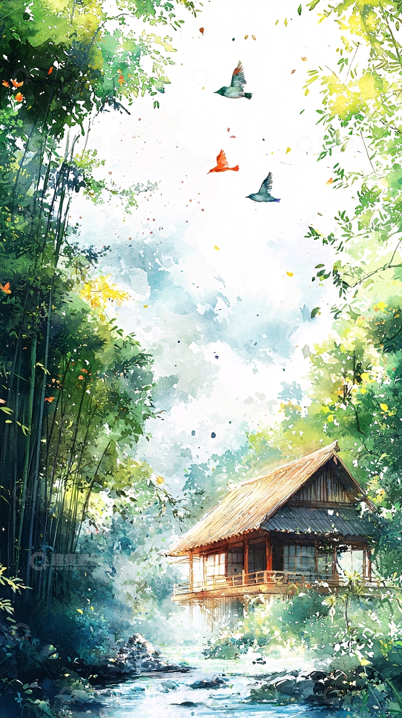 高清大图下载【趣麦麦图】水彩森林小屋鸟