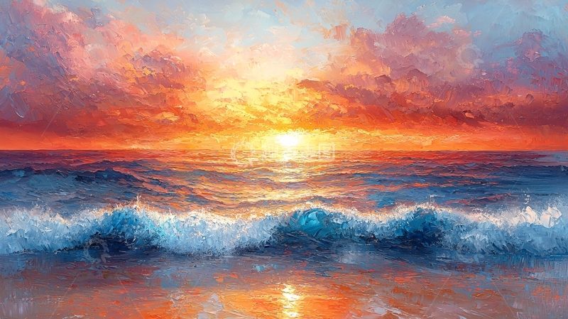 高清大图下载【趣麦麦图】海上日落的油画风景