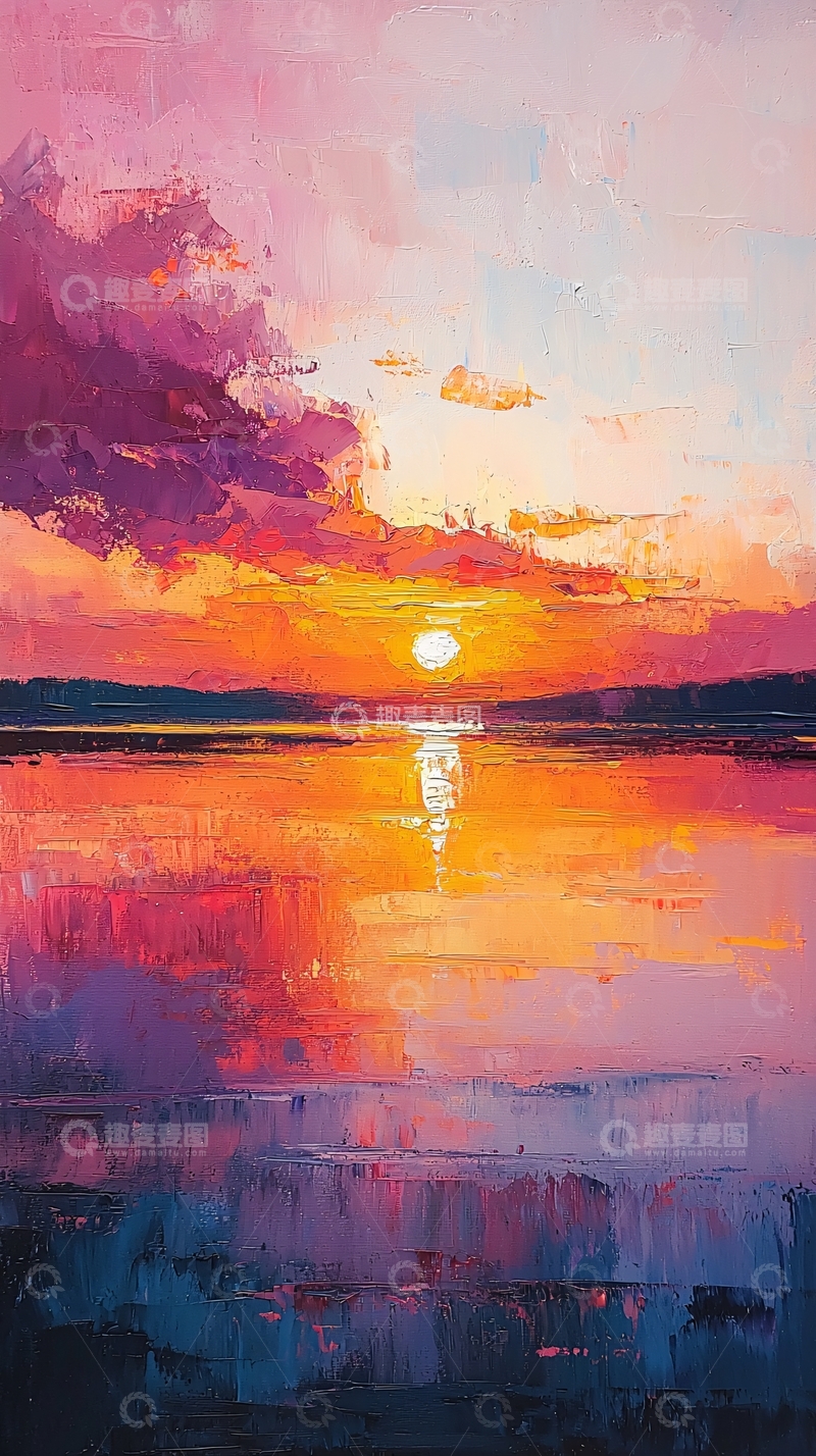 高清大图下载【趣麦麦图】油画风格日落湖面美景