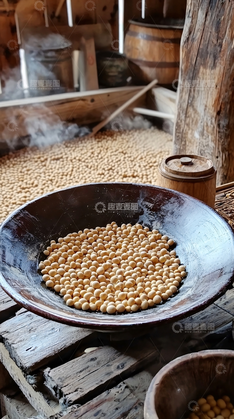 高清大图下载【趣麦麦图】蒸汽弥漫的木盆中大豆