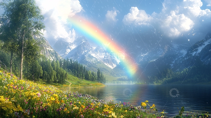 高清大图下载【趣麦麦图】湖光山色下的绚丽彩虹