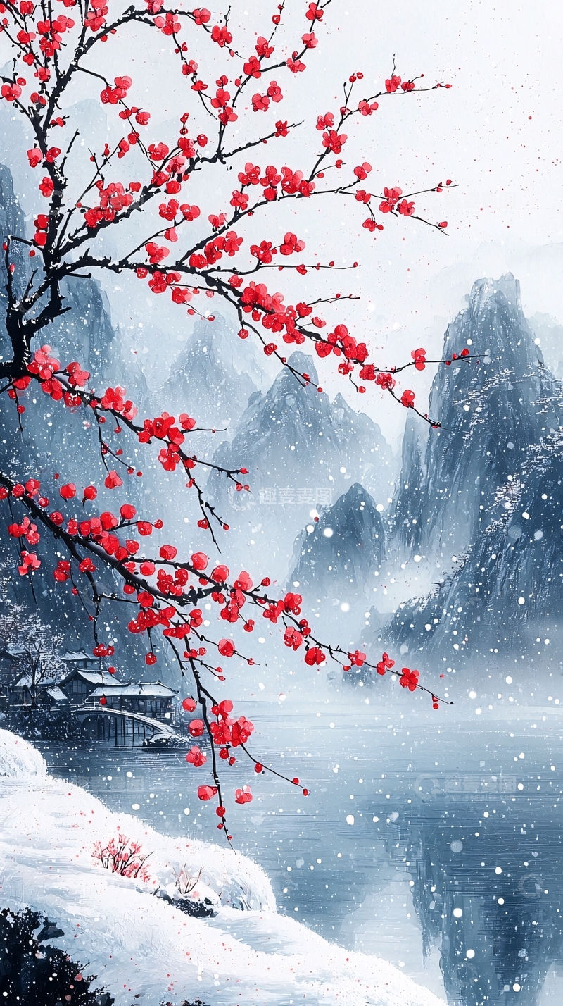 高清大图下载【趣麦麦图】红梅雪景山水画