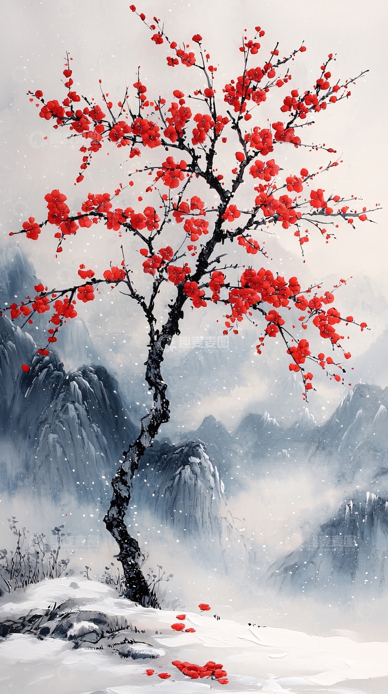 高清大图下载【趣麦麦图】红梅雪山水墨画