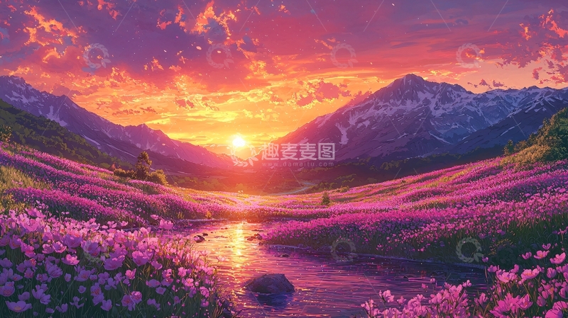 高清大图下载【趣麦麦图】紫色花田日落山景