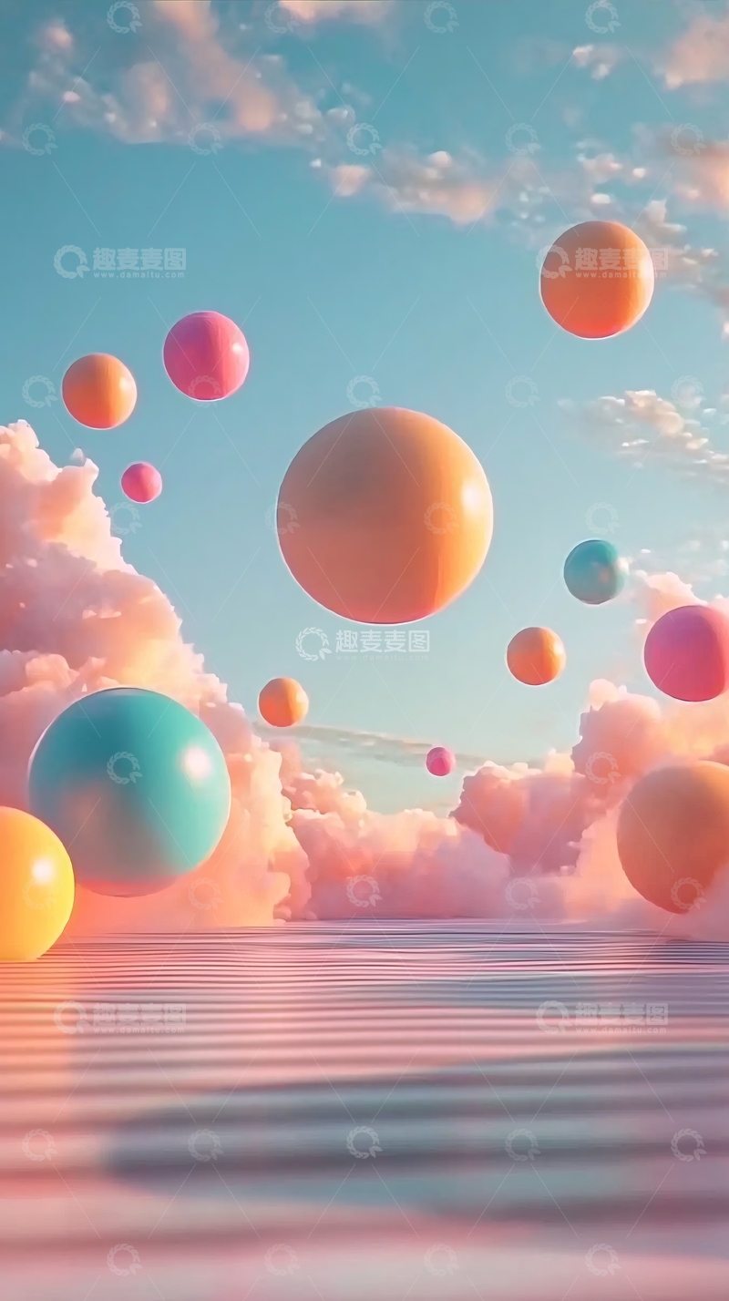 高清大图下载【趣麦麦图】彩色气球漂浮云朵之上