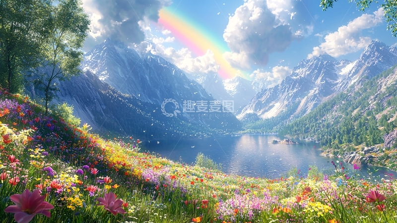 高清大图下载【趣麦麦图】鲜花盛开的山谷彩虹