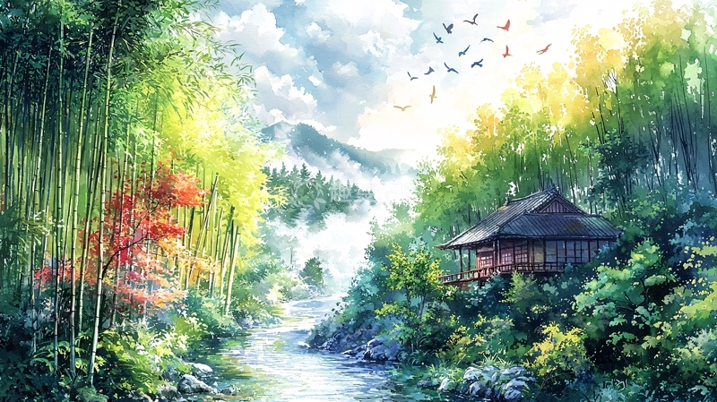 高清大图下载【趣麦麦图】宁静山水间的日式小屋