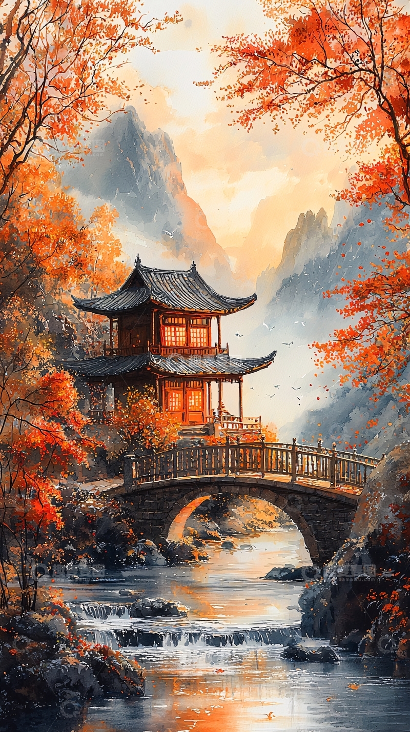 高清大图下载【趣麦麦图】秋日山水亭台楼阁意境
